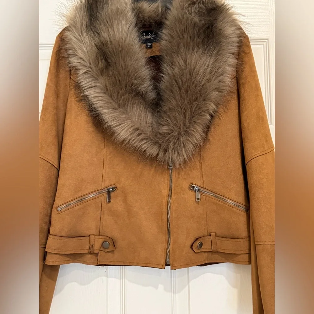 LA Coalition Espresso Brown Removable Faux Fur Collar Suede Jacket - Picture 2 of 9